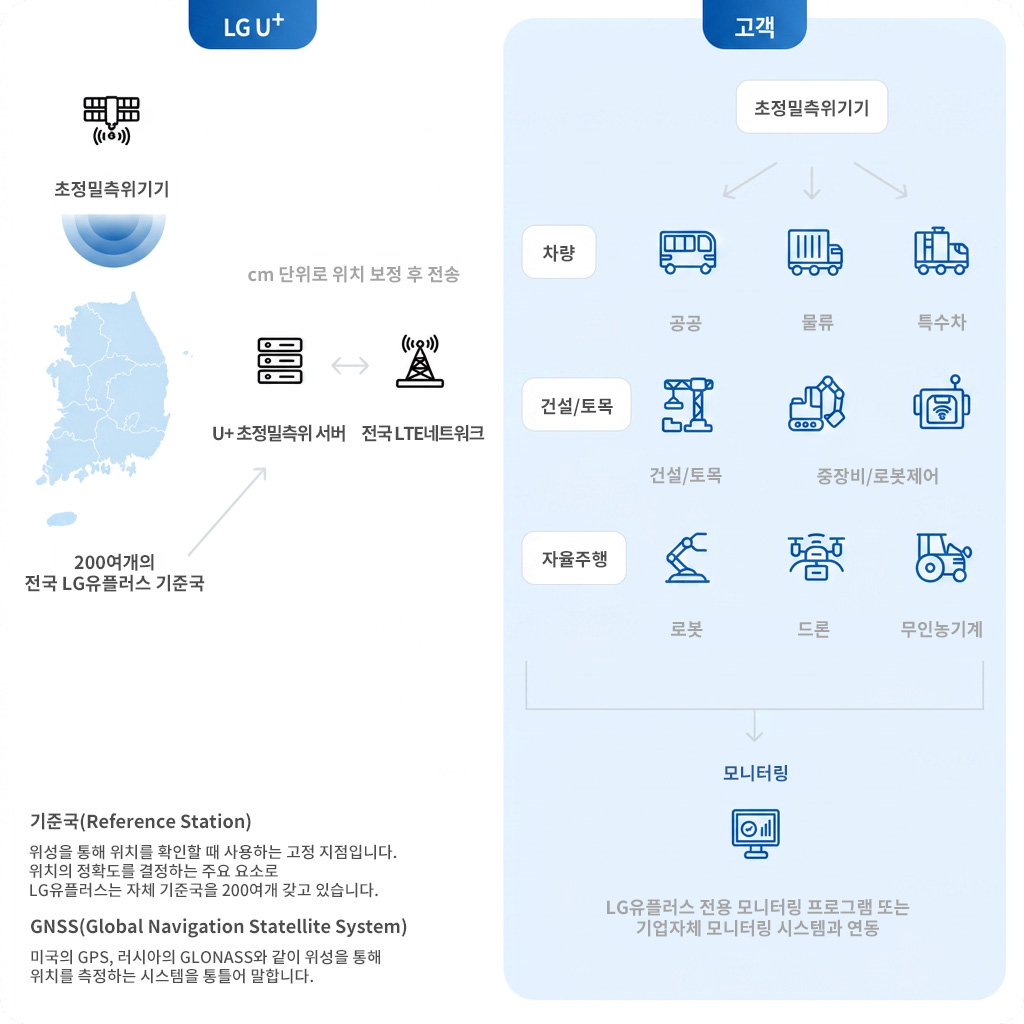 U+ 초정밀측위 서비스 구성도 - 기준국, 측위 서버, 초정밀측위 기기 흐름